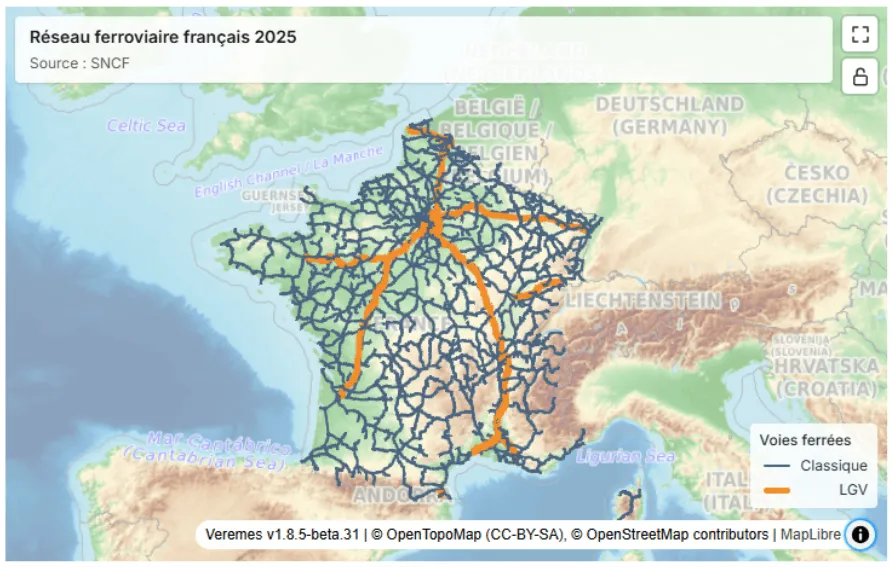 Carte du réseau ferroviaire français 2025 dans Hyperset : lignes classiques et lignes à grande vitesse distinguées par couleur, sur un fond topographique.